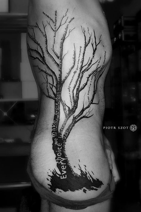 Wonderful large tree side piece with words, tattoo done on guys side Tattoo Side Rib, Tree Leg Tattoo, Side Piece Tattoos, Tree Tattoo Side, Tattoo Side, Tattoos On Side Ribs, Cage Tattoos, Rib Tattoos For Women, Ribcage Tattoo