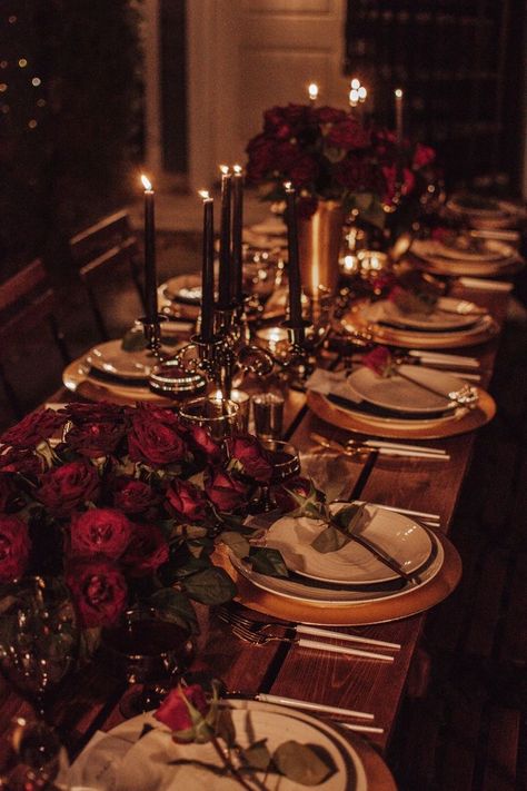 Vampire Dinner Table, Baroque Themed Wedding, Vampire Theme Wedding, Baroque Dinner Party, Baroque Wedding Theme, Dark Table Setting, 30th Birthday Dinner, Gothic Dinner, Jm Cellars