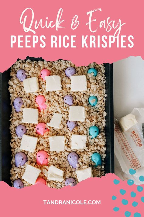 Easy Peeps Rice Krispies Treats Recipe - Tandra Nicole Rice Krispie Treats Peeps, Rice Krispie Peeps Treats, Peep Rice Crispy Treats, Rice Crispy Treats With Peeps, Peep Rice Krispie Treats Recipe, Rice Krispie Treats With Peeps, Peeps Rice Krispie Treats Recipe, Easter Rice Crispy Treats, Easy Easter Snacks