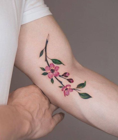 Plum Tree Tattoo, Tree Tattoo Meaning, Blossom Tree Tattoo, Inner Arm Tattoos, Tatuagem Masculina Pequena, Flower Tattoo Meanings, Branch Tattoo, Girls With Sleeve Tattoos, Watercolor Tattoo Flower