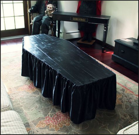 Concept:   Wooden or cardboard plank on top if a coffee table.   "coffin" shaped coffee table by Halloween Forum member Hilda. Dead And Breakfast, Halloween Forum, Dracula, Coffee Table, Coffee, Halloween