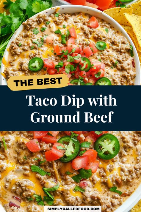 Taco dip with ground beef recipe is the ultimate crowd-pleaser. This easy and hearty dip is perfect for any gathering. With layers of creamy refried beans, cheesy cream cheese, and baked goodness topped with sour cream and guacamole, it's a delicious appetizer. Using a crock pot makes preparation simple and fast, ensuring you can focus on enjoying the party. Check out this taco dip with ground beef recipe and more dip recipes at SimplyCalledFood.com. Beef Enchilada Dip Recipe, Dips With Ground Beef And Cream Cheese, Ground Beef Dip Cream Cheese, Taco Meat Cheese Dip, Taco Chip Dip Recipes, Ground Beef Nacho Dip, Warm Bean Dip Recipes, Creamy Taco Dip With Ground Beef, Taco Cream Cheese Dip