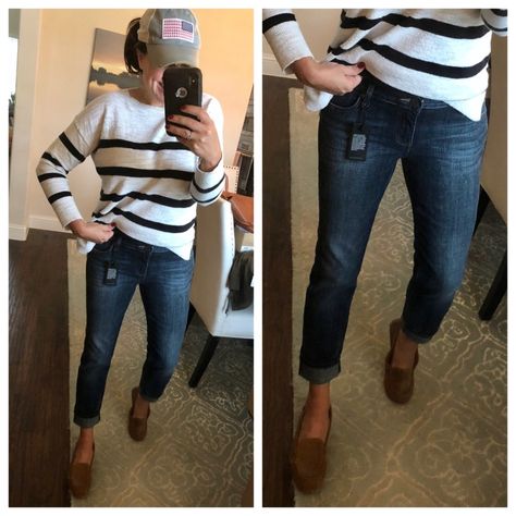 Ugg Loafers, Loafers Outfit, Some Questions, Sweater Fashion, Stripe Sweater, Capri Pants, Loft, Loafers, Cuff