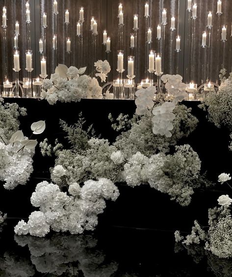 Wedding Black And White Aesthetic, Black Tie Event Decorations, Fairytale Wedding Ceremony, Black Tie Wedding Decor, Black And White Event, Ceremony Installation, Bridal Table Flowers, Wedding Ceremony Decoration, Glass House Wedding