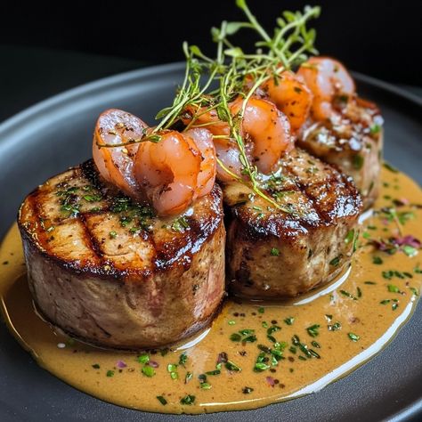 🥩🦐 Filet Mignon Topped with Shrimp and Drizzled with Creamy Lobster Sauce 🦐🥩 Ingredients: For the filet mignon: 4 filets mignons (about 200g each) 200g shrimp, peeled and deveined 2 tbsp butter 2 tbsp olive oil Salt and pepper to taste For the lobster sauce: 100g lobster meat (fresh or frozen) 200ml heavy cream 1 shallot, minced 1 clove garlic, minced 1 tbsp butter 50ml white wine 1 tbsp tomato paste (optional) Salt and pepper to taste Fresh parsley for garnish (optional) Instructions: Cookin... Filet Mignon Aesthetic, Lobster Sauce, Decadent Food, Bistro Food, Lobster Meat, Food Crush, Food Babe, Healthy Homemade Recipes, Food Therapy