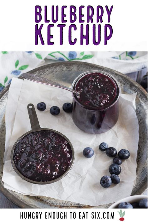 A deliciously different homemade ketchup! The season's juiciest blueberries with spices and maple make a sweet and savory blueberry ketchup. At HungryEnoughToEatSix.com. Blueberry Ketchup Recipe, Blueberry Bbq Sauce Recipes, Savory Blueberry Recipes, Blueberry Ketchup, Blueberry Chutney, Ketchup Recipes, Cauliflower Cakes, Sauce Ideas, Blueberry Delight