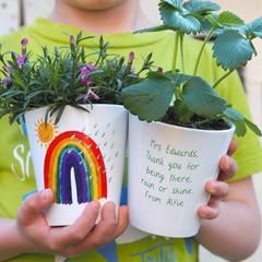 Rainbow personalised plant pot for Teacher!  Has someone been there for your kid come rain or shine? Thank them with a personalised planter with a cheerful rainbow and positive message.  Perfect for small plants like strawberries or succulents, or simply add a packet of seeds at the checkout to create a grow your own gift! Appreciation Gifts Diy, Small House Plants, Teacher Appreciation Gifts Diy, Golf Outing, School Desk, Garden Wallpaper, Gardening Gift, Thank You Teacher Gifts, Personalized Teacher Gifts