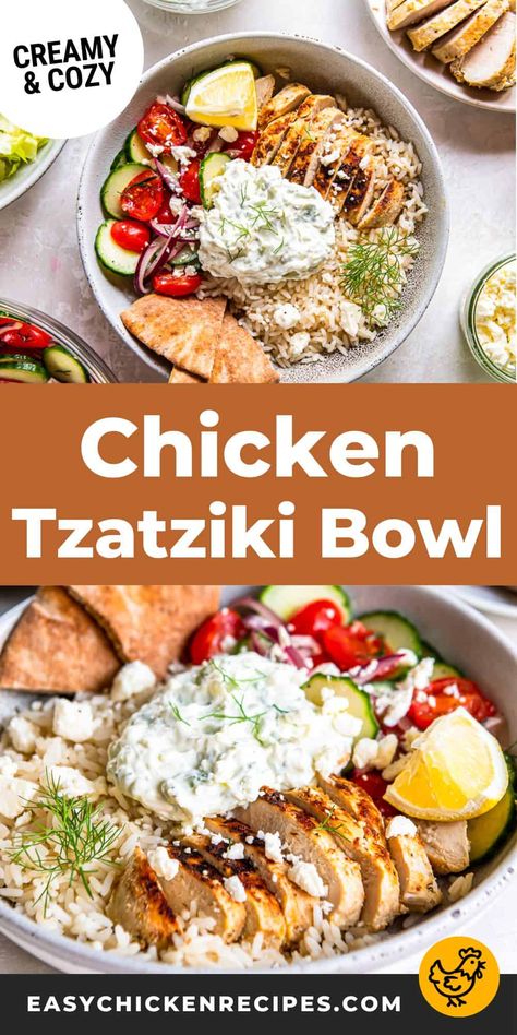 This chicken tzatziki bowl has all the delicious flavor of a gyro but in bowl form, making it the perfect dinner for busy weeknights. Gyro Chicken Bowl, Gyros Bowl Recipe, Tzatziki Chicken Bowl, Chicken Taziki Rice Bowl, Chicken Gyro Bowl Meal Prep, Greek Chicken Tzatziki Bowl, Chicken Gyro Rice Bowl, Gyro Meal Prep, Chicken Gyro Bowl Recipe