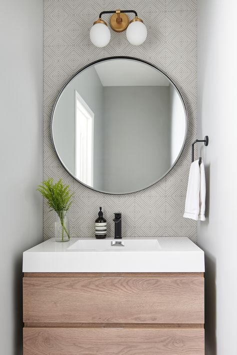 Vanity Powder Room Ideas, Powder Room Wallpaper Modern, Neutral Powder Room, Modern Powder Room Ideas, Light Powder Room, Grey Powder Room, Vanity Powder Room, Hanging Vanity, Small Powder Room Wallpaper