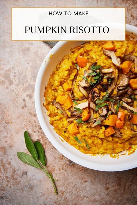 This delicious and easy to make vegan pumpkin risotto has lots of pumpkin and lots of mushrooms inside. Pumpkin Risotto Recipes, Recipe With Mushrooms, Pumpkin Quinoa, Pumpkin Risotto, Vegan Pumpkin Recipes, Vegan Parmesan Cheese, Risotto Recipe, Mushroom Risotto, Risotto Recipes