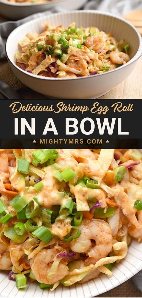 This Bang Bang Shrimp Bowl is like a shrimp egg roll in a bowl topped with delicious bang bang sauce. This recipe essentially deconstructs the popular Americanized Chinese food menu item, the egg roll, in a bowl. Ready in just 20 minutes! A quick and easy dinner that's low on carbs too. Bang Bang Shrimp Bowl, Recipe With Cabbage, Egg Roll Bowl, Shrimp Egg Rolls, Chinese Food Menu, Egg Roll Recipe, Shrimp Bowl, Eggroll In A Bowl, Egg Roll In A Bowl