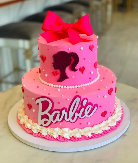 Barbie Cake Two Tier, Barbie Two Tier Cake, Barbie Buttercream Cake, Barbie Cake Design Ideas, 2 Tier Barbie Cake, Barbie And Ken Cake, Barbie Cakes For Girls Birthday, Simple Barbie Cake, Barbie Birthday Cakes For Kids