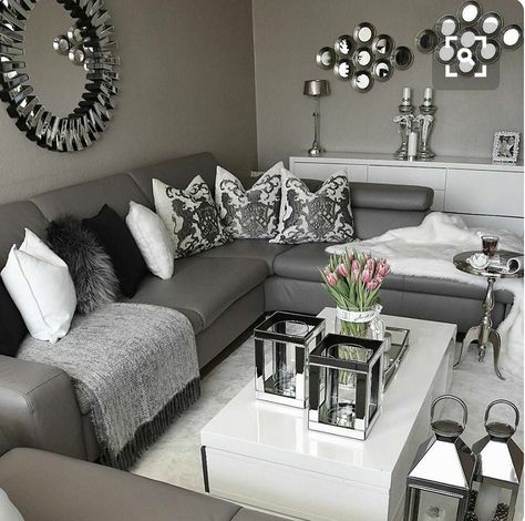 Black White And Grey Living Room, Silver Living Room Decor, Dark Grey Couch Living Room, Silver Living Room, Grey Sofas, Gray Living Room Design, Grey Sofa Living Room, White Living Room Decor, Grey Couch