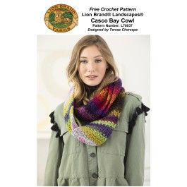 Lion Brand L70037 - Casco Bay Cowl in Landscapes (downloadable PDF) Crochet Cowl Patterns, Crochet Scarf Pattern Free Easy, Crochet Scarf Patterns, Cowl Patterns, Simple Scarf Crochet Pattern, Cowl Crochet, Crochet Lion, Scarf Patterns, String Crafts