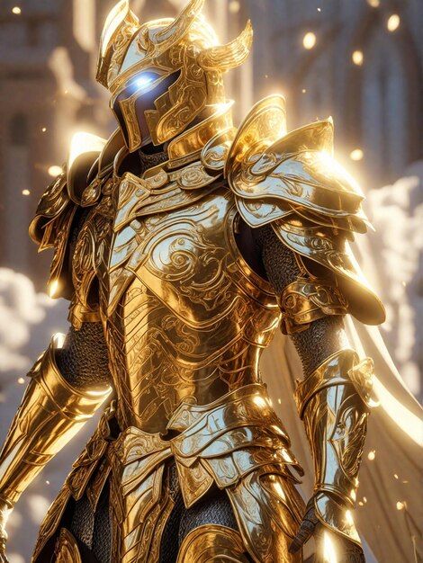 Photo a knight in a shiny golden armor | Premium Photo #Freepik #photo Sun Armor Fantasy Art, Golden Warrior Aesthetic, Gold Fantasy Armor, Golden Knight Fantasy Art, Golden Armor Fantasy Art, Heavenly Armor, Sun Armor, Armor Rpg, Aesthetic Armor