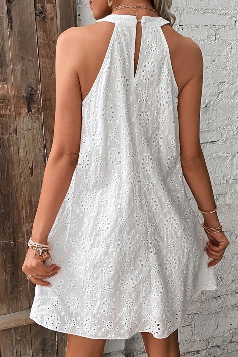 US$ 9.19 Drop-shipping White Boho Eyelet Pattern Halter Neck Sleeveless Dress for Women Elegant Mini Dress, 파티 드레스, Above Knee, Halter Neck, Summer Casual, Sleeve Styles, Dress Length, A Line Dress, Jumpsuit Romper