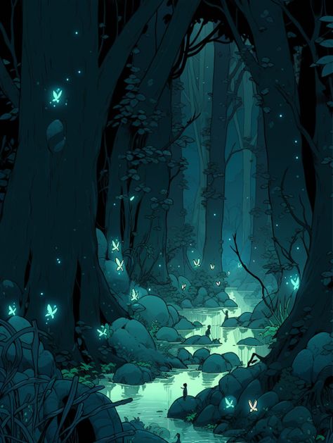 Dark Forest Digital Art, Dark Woods Illustration, Moody Dark Aesthetic, Spooky Forest Illustration, Thick Forest Aesthetic, Mangrove Aesthetic, Cute Forest Aesthetic, Forest Storyboard, Dark Fairy Forest