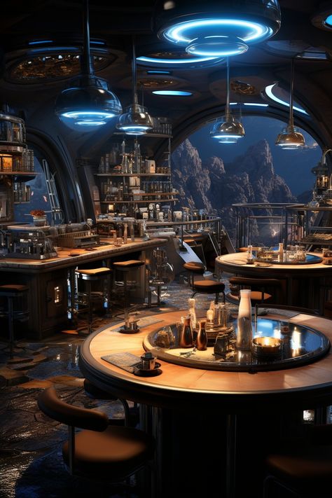 Futuristic Restaurant Interior Design, Sci Fi Restaurant, Scifi Restaurant, Futuristic Restaurant Design, Sci Fi Bar, Cyberpunk Restaurant, Scifi Bar, Scifi Bedroom, Futuristic Lobby