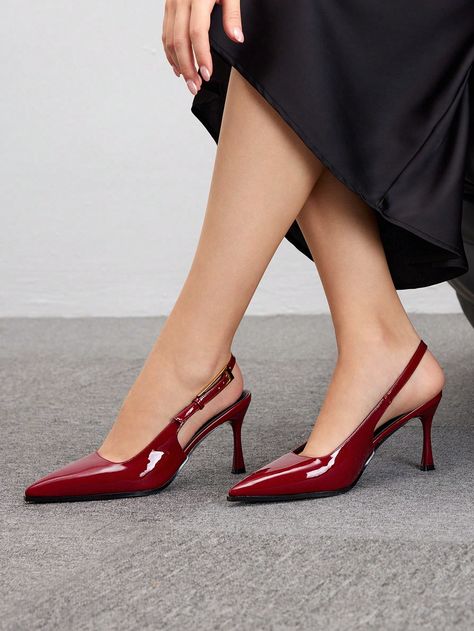 Women's Fashion Wine Red Square Buckle Pointed Toe Backless High Heels, Suitable For Commuting, Dating, Party, Wedding, Vacation Halloween Burgundy Elegant    Plain    Women Shoes, size features are:Bust: ,Length: ,Sleeve Length: Color Vino, Burgundy Heels, Elegant Heels, Red Square, Bow Shoes, Red Heels, Pointed Toe Flats, Pump Dress, Fashion High Heels