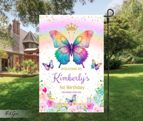 EDITABLE Birthday Welcome Sign with Rainbow Butterfly and Blue and Pink Roses, Girl Party Floral Butterfly Welcome Sign, Edit Yourself, BPB3 https://etsy.me/3EcE0Me #rainbow #birthday #purple #birthdaygirldecor #littlegirlbirthday #birthdaypartytreat #butterflysign Butterfly Welcome Sign, Blue And Pink Roses, Birthday Purple, Birthday Party Treats, Butterfly Birthday Party, Birthday Welcome Sign, Bags Ideas, Rainbow Butterfly, Butterfly Birthday