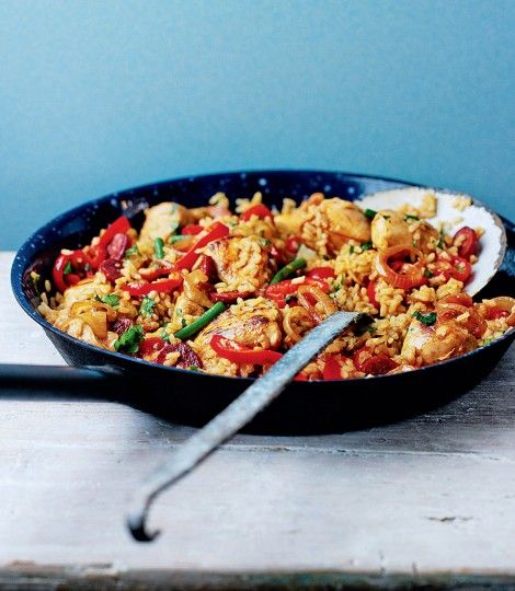 Chicken and Chorizo Paella - BBC Good Food, Hairy Bikers recipe Chicken And Chorizo Paella Recipe, Chicken And Chorizo Paella, Hairy Bikers Recipes, Spanish Paella Recipe, Chorizo Paella, Chicken Paella, Chicken And Chorizo, Paella Recipe, Tapas Recipes