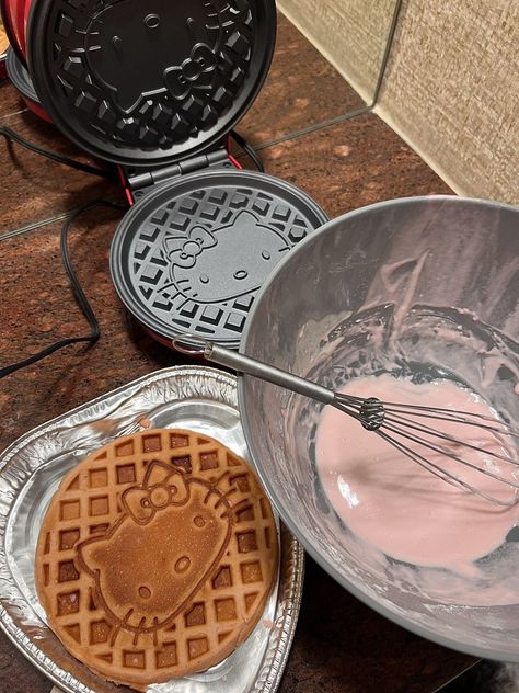 hello kitty aesthetic, batter, pink batter, hello kitty waffle maker. Hello Kitty Waffles, Hello Kitty Waffle Maker, Waffle Maker Aesthetic, Hello Kitty Pancake Maker, Mind Dump, Waffle Machine, Pretty Desserts, Pancake Maker, Kitty Cafe