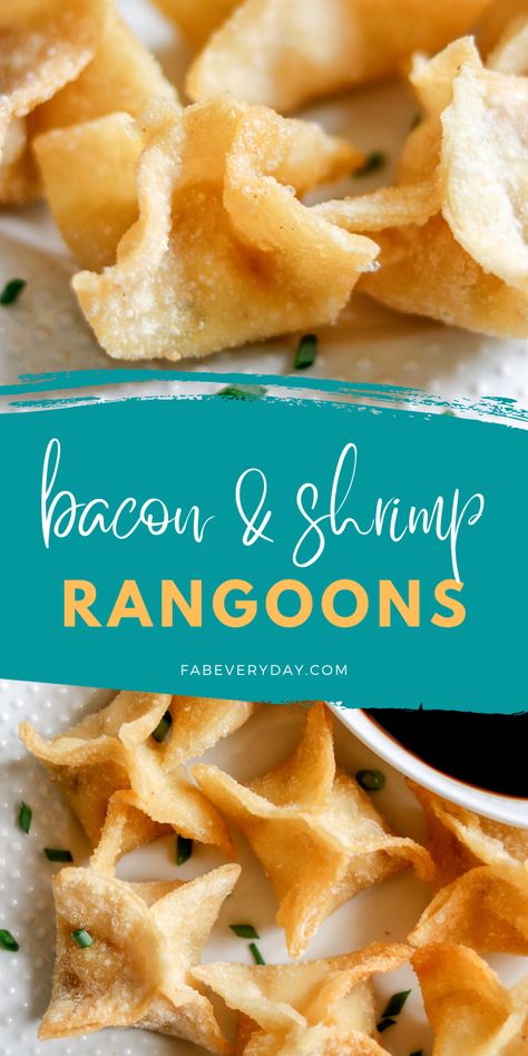 I'm always looking out for new party recipe and appetizer ideas. I've been fine-tuning this one for a long time, and I'm so excited to share my Bacon and Shrimp Rangoons recipe with you today! This isn't your run-of-the-mill shrimp rangoon recipe. These savory shrimp cream cheese wontons are next level with the addition of bacon! This will become one of your go-to party appetizers. Click or visit FabEveryday.com for this fried shrimp wonton recipe. Shrimp Ragoons Recipe, Red Lobster Crab Stuffed Shrimp Rangoon Recipe, Fried Crab Rangoon Recipe, Shrimp Wonton Recipes, Shrimp Rangoon Wontons, Shrimp Rangoon Recipe, Easy Crab Rangoon Recipe Air Fryer, Shrimp Cream Cheese Wontons, Rangoons Recipe