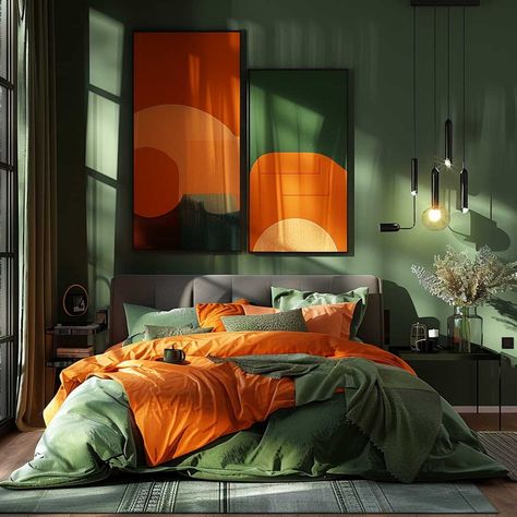 17+ Bold Green and Orange Bedroom Interior Color Combination Ideas • 333+ Inspiring Lifestyle Ideas Olive Green And Burnt Orange Bedroom, Orange Yellow Bedroom, Dark Green And Burnt Orange, Grey Orange Bedroom, Orange And Green Room, Green And Orange Bedroom, Orange Headboard, Bedroom Interior Colour, Orange Room Decor