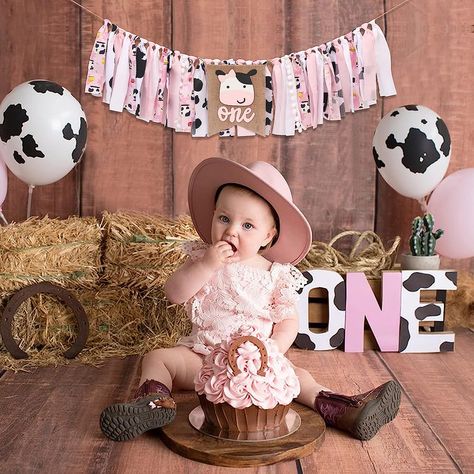 PERFECT BIRTHDAY DECORATIONS - Celebrate your babies first birthday and cake smash with this cow fabric highchair banner! Simply tie or use our gluedots to affix it to babies highchair, wall, mantel, or anywhere you would like to add a pop of fun! Cow Theme Cake Smash Photoshoot, Cowgirl Cake Smash Photography, Rodeo Themed 1st Birthday Photoshoot, Cow Cake Smash 1st Birthdays, Rodeo Smash Cake Girl, My First Rodeo Birthday Girl Smash Cake, First Rodeo Birthday Photoshoot, 1st Rodeo Photoshoot, Cowgirl 1st Birthday Photoshoot