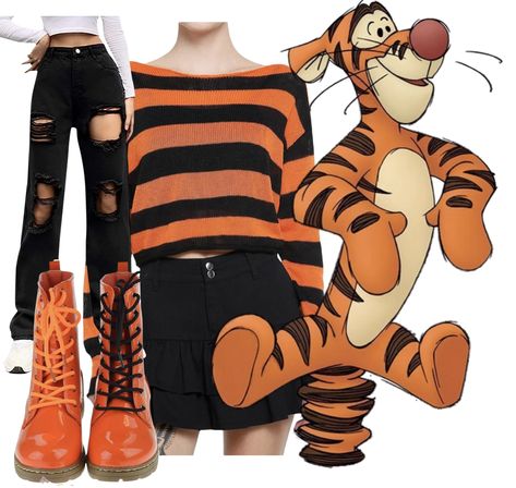 Tigger Costume Women, Tigger Costume Diy, Diy Tigger Costume Women, Tiger Outfit, Winnie The Pooh Inspired Outfits, Tigger Outfit, Tiger Inspired Outfit, Disney Bounds, Winnie The Pooh Disneybound Group