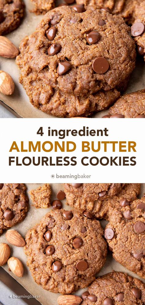 4 Ingredient Flourless Almond Butter Cookies (Gluten Free) - Beaming Baker Butter Cookies Gluten Free, Almond Butter Cookie Recipe, Beaming Baker, Butter Cookies Easy, Almond Butter Recipes, Oatmeal Raisin Cookies Chewy, Flourless Cookies, Diet Cookies, Vegan Gluten Free Desserts