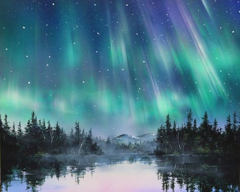 Iceland Aurora Borealis, Aurora Borealis Painting, Painting Night Sky, Iceland Aurora, Night Sky Wall, Lights Painting, Northern Lights Painting, Night Sky Art, Landscape Sky