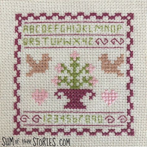 Traditional Mini Sampler Cross Stitch Design — Sum of their Stories Craft Blog Scissor Fobs, Appliqué Ideas, Sampler Cross Stitch, Cross Stitch Magazines, Pretty Embroidery, Mini Cross Stitch, Vintage Traditional, Cross Stitch Samplers, Recipe Card