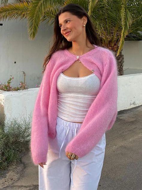 Sweet Pink Mohair Knitted Cardigans For Women O Neck Single Breasted Long Sleeves Sweater Top 2024 Pastel Outfits, Knitted Cardigans, Sleeves Sweater, Mohair Knit, Party Dress Long Sleeve, Puff Sleeve Dresses, Cozy Knit, Collars For Women, Elegant Chic