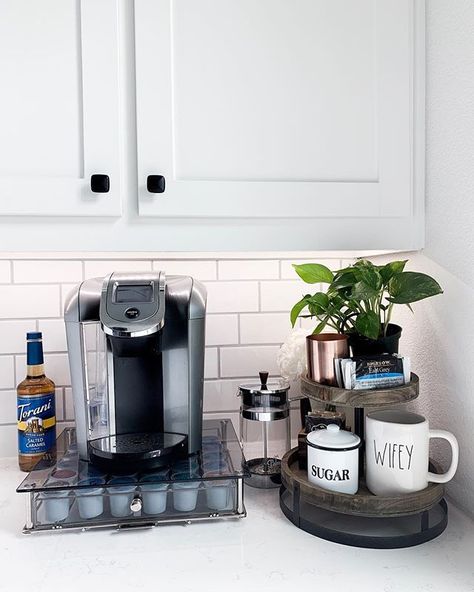 Coffee bar ideas kitchen counter #kitchendecor #coffeebar #coffeestation #keurig Keurig Coffee Bar Ideas Kitchen Counter, Keurig Coffee Bar, Corner Coffee Bar Ideas, Coffee Bar Ideas Kitchen, Corner Coffee Bar, Keurig Coffee Station, Coffee Bar Ideas Kitchen Counter, Diy Coffee Station, Coffee Station Kitchen