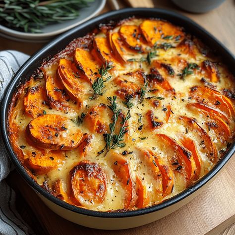 Cheesy Sweet Potato Gratin - Au Gratin Sweet Potatoes, Scalloped Sweet Potato Casserole, Sweet Potato Dishes Meals, Sweet Potatoes Au Gratin, Cheesy Sweet Potato Recipes, Sweet Potato Gratin Recipes, Sweet Potato Au Gratin Recipes, Sweet Potato Savory Recipes, Sweet Potato Scalloped Potatoes