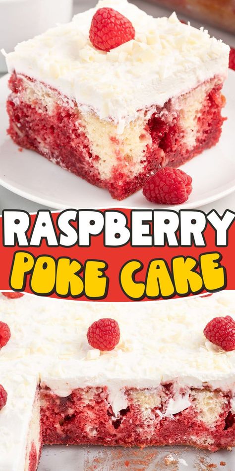 Raspberry Poke Cake, just bake, poke, fill, cover, and top. Enjoy this simple yet delicious treat with white chocolate curls and berries. Raspberry Dump Cake, White Chocolate Raspberry Poke Cake, Berry Poke Cake, Raspberry Poke Cake, White Chocolate Curls, Classy Cake, 2023 Recipes, Cookie Cake Pie, Pinky Girl