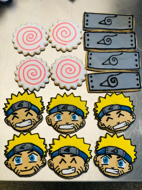 Naruto anime themed sugar cookies Naruto Party Ideas, Naruto Birthday, Anniversary Cards Handmade, Summer Cookies, Themed Desserts, Sugar Cookie Designs, 13th Birthday Parties, Doll Party, Fancy Cookies