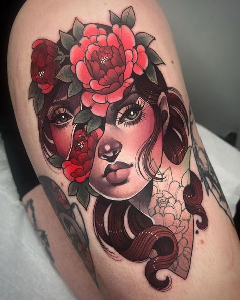 bethrosetattoo Neo Traditional Tattoos Women Faces, Neotrad Lady Face, Neo Traditional Woman Tattoo, Traditional Lady Face Tattoo, Neo Traditional Lady Face, Neo Traditional Leg Sleeve, Neo Traditional Tattoos Women, Traditional Tattoo Woman Face, Mirror Engraving