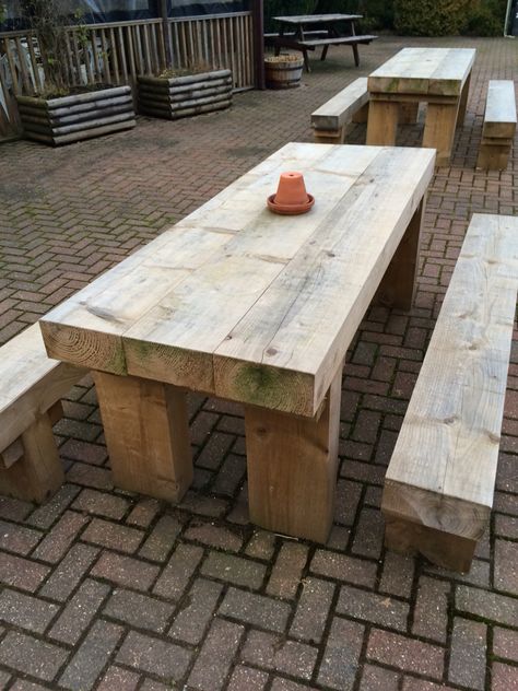 Railway sleeper garden furniture Sleeper Garden Furniture, Home Made Garden Furniture, Sleeper Table, Railway Sleepers Garden, Sleepers In Garden, Picnic Table Plans, Backyard Garden Diy, Pallet Garden Furniture, Rustic Wood Furniture