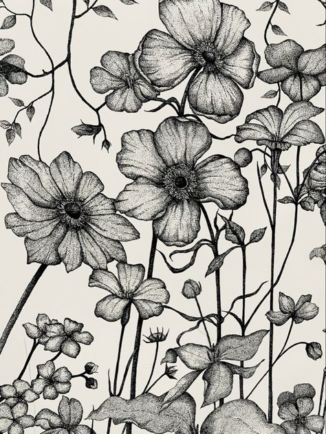 Detailed ink flower drawing of English flowers #stippling Pointillism Drawing Ideas, Pointilism Flowers Art, Black And White Pointillism, Stippling Art Nature, Flowers Pointillism, Stipple Flowers, Flower Stippling, Dot Art Drawing Ideas, Stipling Drawings