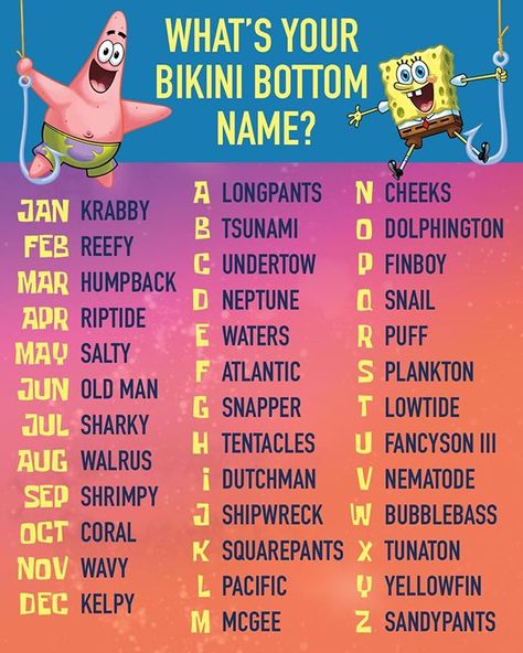 SpongeBob SquarePants on Instagram: “birth month + first letter of your name = your Bikini Bottom name” Funny Name Generator, Birthday Scenario, Meme Names, 1000 Lifehacks, Funny Characters, 1000 Life Hacks, Spongebob Funny, Interactive Posts, Name Games