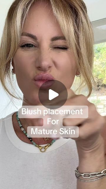 Kat James on Instagram: "Mature skin blush placement. 

I find keeping your blush on the apples of your cheek closer to your nose, gives the most youthful look. 
The little extra boost of blending that last little bit in your brush into your concealer is the cherry on top 🍒 

It’s important to adapt and change your make up as you age. Our face shape changes or features are changing, you need to change your makeup techniques along with it. 

@kosas #matureskinmakeup #makeupover40 #blushplacement" Blush Cheeks Natural, Blush On Nose, Blush Placement Face Shapes, Kat James, Blush Placement, Blush Application, Makeup Over 40, Blush On Cheeks, Blush On