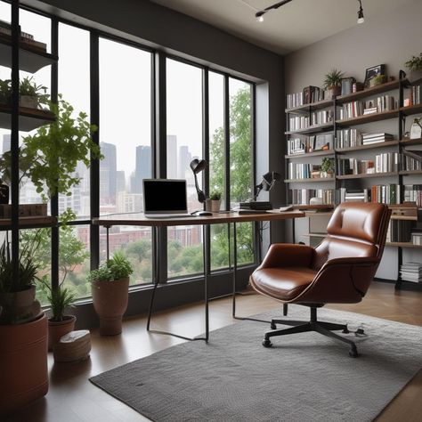 Office Leather Chair, Industrial Home Office, Industrial Home Offices, Office Vibes, Comfy Leather Chair, Sleek Desk, Chair Lounge, Industrial Home, Minimalist Office