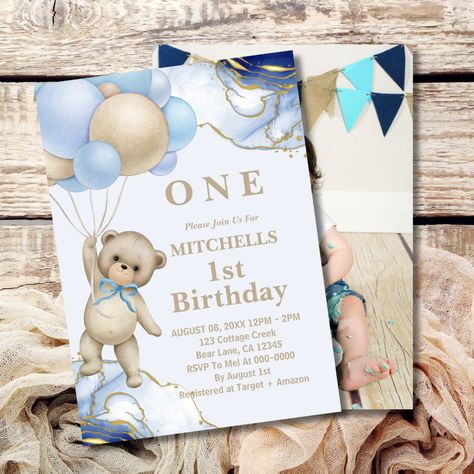 Teddy Bear Theme Party 1st Birthdays Blue, Bear 1st Birthday Invitations, Bear First Birthday Invitations, Teddy Bear 1st Birthday Invitation, Bear Invitation Template, Teddy Bear Baby Shower Theme, Baby Boy Birthday Cake, Bear Balloon, Baby First Birthday Cake