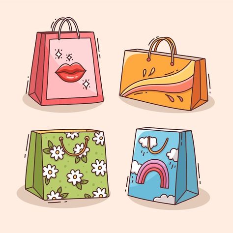 Free vector hand drawn shopping bag cart... | Free Vector #Freepik #freevector #pay #beautiful #fashionable #illustration Shopping Bags Drawing, Shopping Bag Drawing, Shopping Bag Illustration, Bag Doodle, Shopping Bag Design, Banners Design, Bag Illustration, Drawing Bag, Bag Cartoon