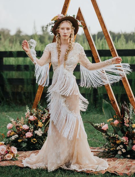 Sira D Pion Dress- the coolest fringe dress for this country loving bride. A modern take on rustic wedding inspiration Wedding Dress With Fringe, Folksy Wedding, Long Sleeve Bohemian Wedding Dress, Whimsical Wedding Dress, Western Disco, Lacy Wedding Dresses, Lace Boho Dress, Fringe Wedding Dress, Wedding Dress Long Sleeves