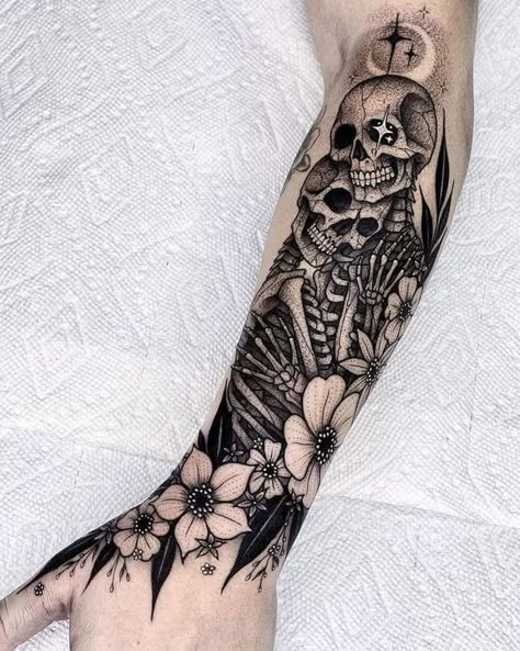 Gothic Half Sleeve Tattoos For Women, Dark Vibe Tattoo, Dia De Los Muertos Tattoo Ideas Sleeve, Two Skeletons In Love Tattoo, Remember Tattoo Ideas, Marina Tattoo, Skeleton Couple Tattoo, Aura Tattoos, Skull Couple Tattoo