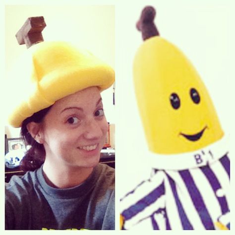 Homemade Banana Hat for my Bananas in Pyjamas Halloween Costume. Nailed It. Bananas In Pajamas Costume, Bananas In Pyjamas Costume, Banana Hat, Banana In Pyjamas, Pajama Costume, Pretty Halloween Costumes, Book Week Costume, Pretty Halloween, Dog Halloween Costumes