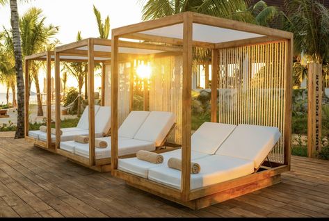 Outdoor Hotel Lounge, Tulum Beach Club Design, Modern Spanish Villa, Business And Pleasure Cabana, Luxury Hotel Outdoor Lounge, Rattan Pool Lounger, Beach House Outdoor, Pool Patio Furniture, Pool House Decor